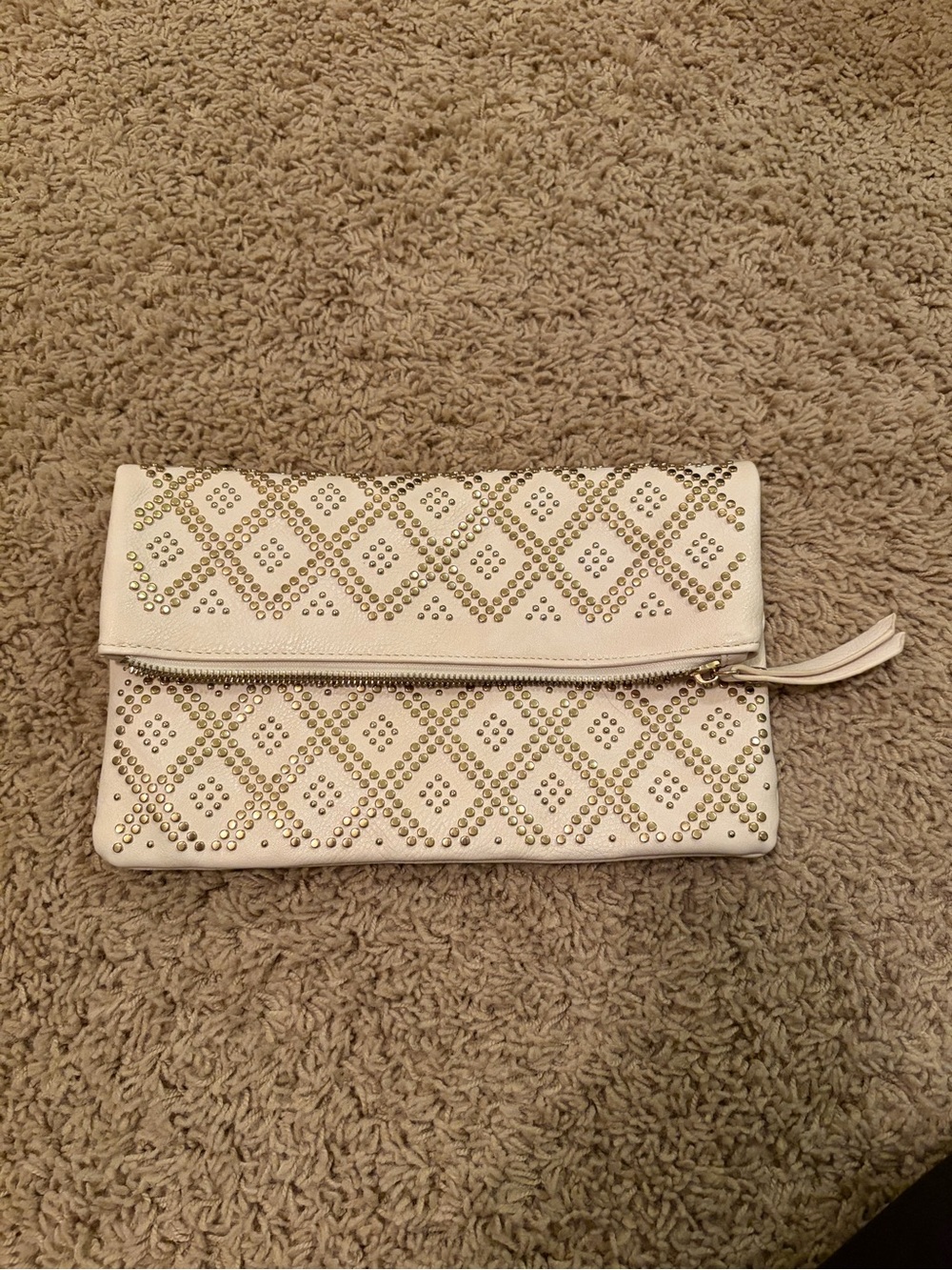 Lulu's Cream Fold-Over Clutch with Gold Stud Diamond Design